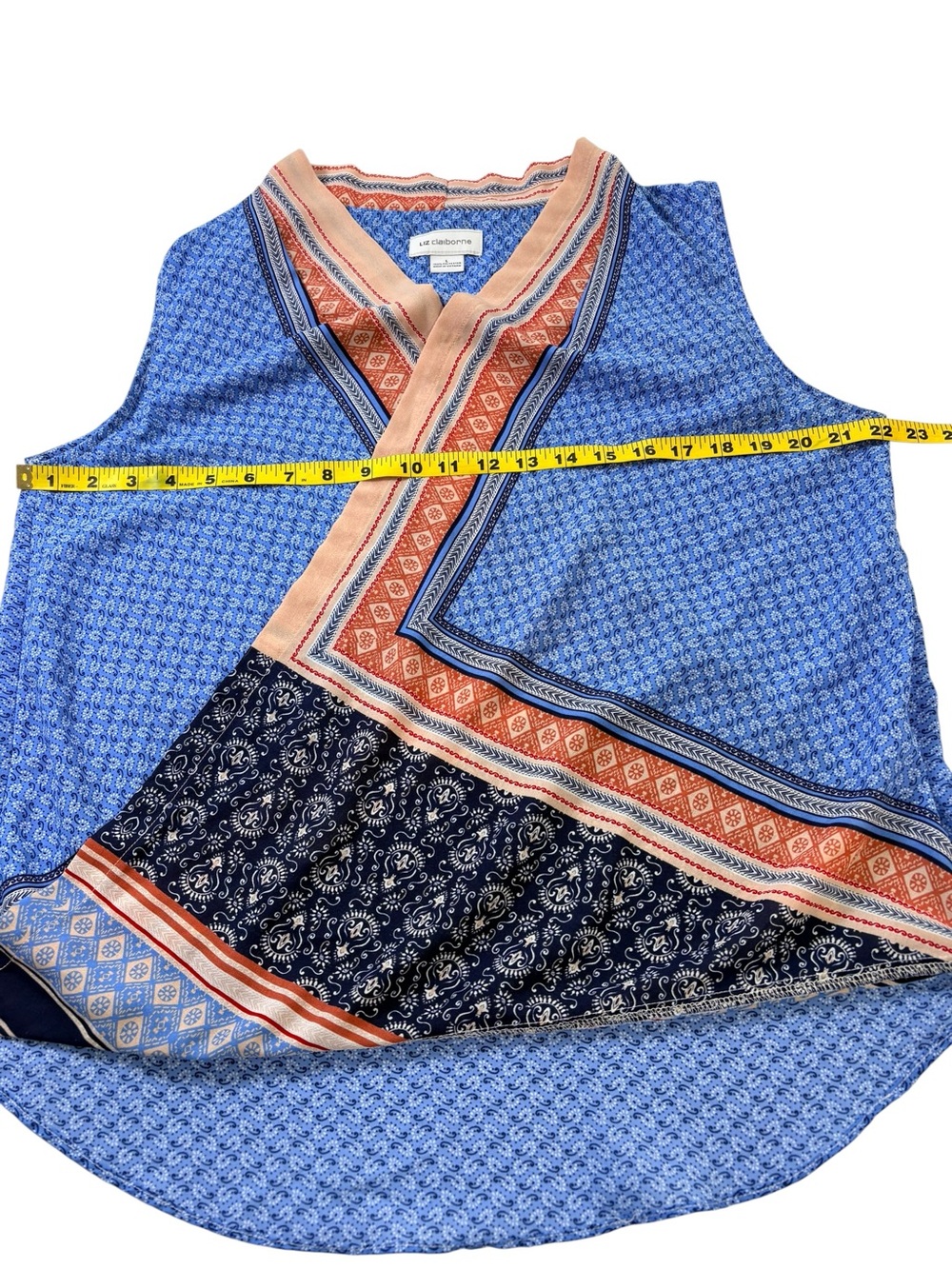 Liz Claiborne Snap Wrap Asymmetric Boho Sleeveless Top Vibrant Patchwork SzL - Picture 8 of 12